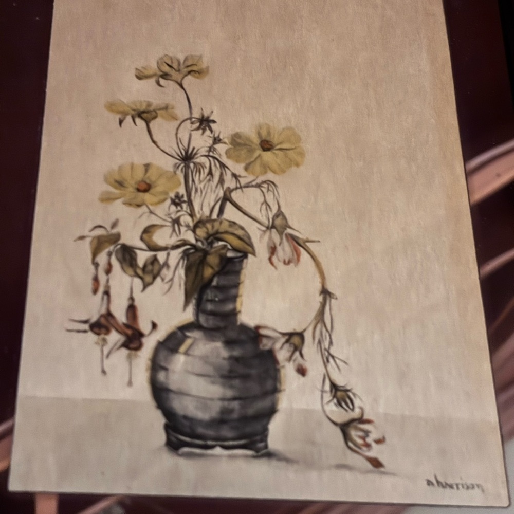 Vintage 1940’s A.Harrison Etching Signed By Artist wood carved mirrored glass